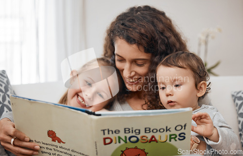 Image of Relax, happy kids or mother reading a book for learning, education or storytelling on sofa at home. Family, love or parent with children siblings for a fantasy story to holiday vacation together