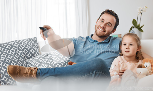 Image of Kids, home or father watching tv to relax or bond as a happy family in living room in Canada with love. Television, sofa or dad with a remote or girl child enjoying film or movies on holiday vacation