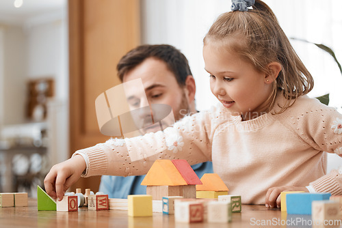 Image of Building blocks, toys and girl playing with dad in living room for education, development and learning through creative games. Montessori, child and father bonding with kid in family home lounge