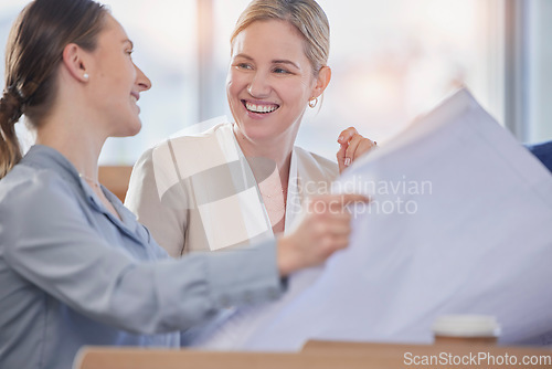 Image of Happy business woman, blueprint and planning in team strategy, design or meeting at office. Female person, architect or engineer smile in project plan, paperwork or brainstorming idea at workplace
