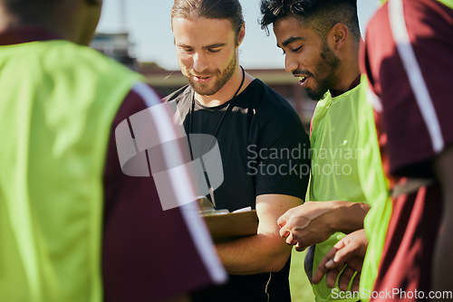 Image of Sports strategy, talking and men in rugby for teamwork, fitness planning or training schedule. Together, field and group of healthy athlete people with a coach for conversation on game or mission