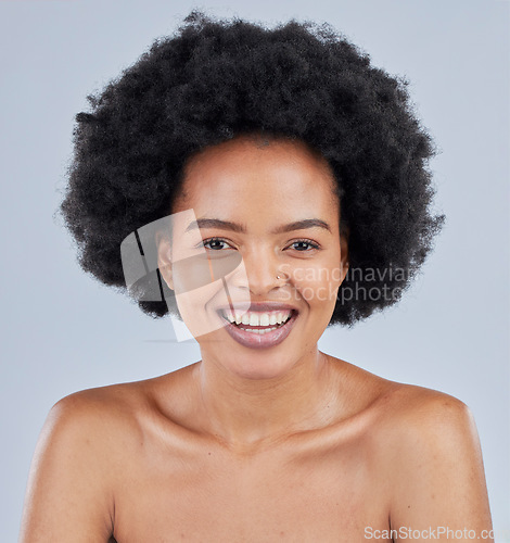 Image of Skincare, natural and portrait of black woman with beauty smile isolated in a studio gray background and happy. Skin, African and confident young person with healthy dermatology cosmetic care