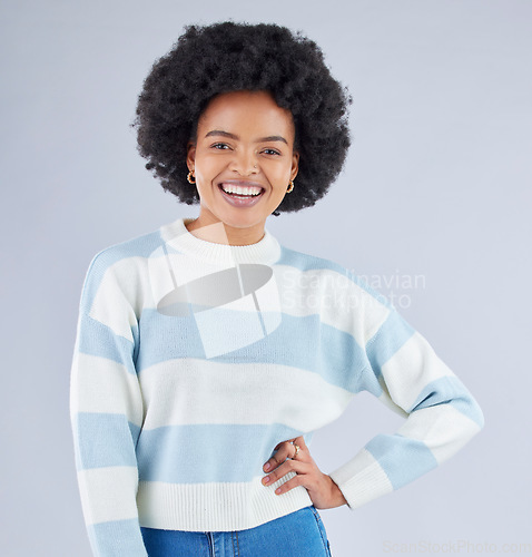 Image of Fashion, gen z and smile with portrait of black woman in studio for education, casual and trendy style. Happy, pride and confidence with person on white background for college, future and student