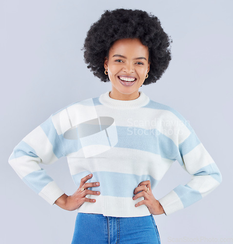 Image of Fashion, student and smile with portrait of black woman in studio for education, casual and trendy style. Happy, pride and confidence with person on white background for college, future and gen z