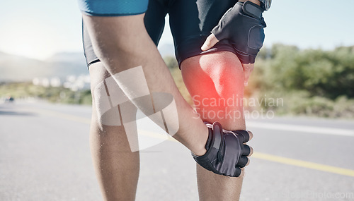 Image of Man, closeup and cyclist with knee pain, road and emergency with accident, red highlight and fitness. Person, biker and athlete with broken leg, inflammation and bruise with injury and training