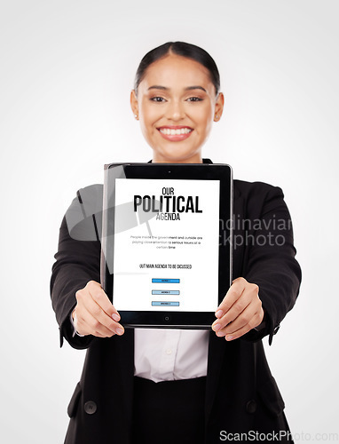 Image of Human rights, lawyer and portrait of woman with paper with politics, agenda and information on our vision for society or government. Political, ambassador and person with event schedule on tablet
