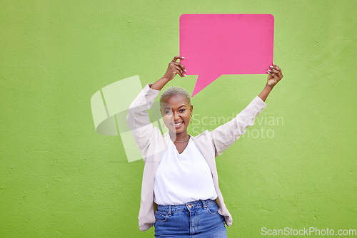 Image of Black woman, speech bubble and portrait for poster, space or mockup with opinion by green wall background. African girl, billboard and paper with voice, vote and social network for feedback review