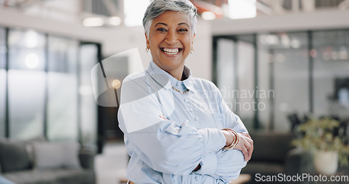 Image of Portrait, corporate and senior woman with arms crossed, smile and professional in a workplace, career and executive consultant. Face, person or entrepreneur with a small business, employee or ceo