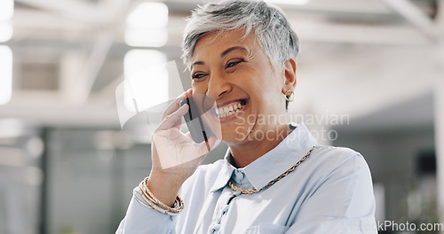 Image of Smile, phone call or happy senior businesswoman in office for networking, good news or deal negotiation. Laughing, face or proud mature CEO on mobile communication for target, discussion or mission