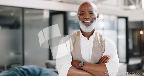 Image of Portrait, corporate and senior man with arms crossed, smile and formal in a workplace, career and executive consultant. Face, African person or entrepreneur with a small business, professional or ceo