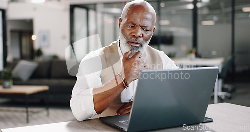 Image of Thinking, laptop and senior business man in office for planning, schedule or management. Idea, solution and elderly African male executive online with plan doubt, problem solving or solution research