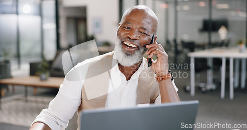 Image of Black man, phone call or happy senior businessman in office for networking, good news or deal negotiation. Smile, laptop or mature CEO on mobile communication or discussion for online sales project