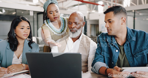 Image of Laptop, teamwork or business people in meeting problem solving on an online strategy or data analytics. CEO, collaboration or group of employees speaking of project ideas in a digital agency together