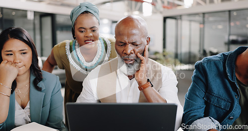 Image of Business people, laptop and team confused with sad news, marketing mistake and social media disaster or risk. Manager, editor and group of employees reading on computer for copywriting error or fail