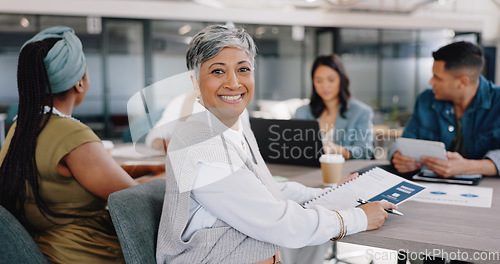 Image of Senior woman, portrait and meeting with leadership, collaboration with creativity and planning at marketing agency. Management, business team and conference room with smile, coworking and paperwork