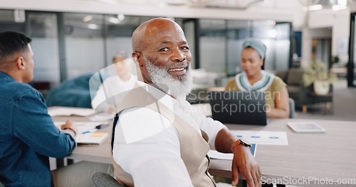 Image of Smile, meeting and portrait of black man in office with corporate business people. Strategy, planning and collaboration, mature businessman in conference room for professional workshop in Africa.