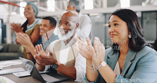 Image of Business people, meeting or staff with applause, presentation and cooperation in an office. Group, teamwork and coworkers clapping, conference and workshop with a laptop, achievement or celebration