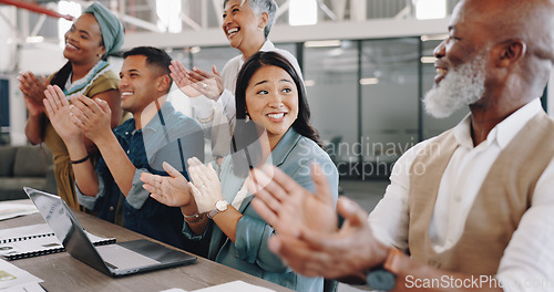 Image of Business people, meeting or group with applause, achievement and b2b deal in an office. Staff, cooperation and coworkers clapping, conference and workshop with a laptop, conversation or celebration