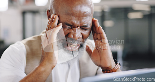 Image of Headache, stress and senior business man in office with vertigo, pain or brain fog. Anxiety, burnout or elderly African male CEO with temple massage for migraine, mistake or disaster, dizzy or crisis