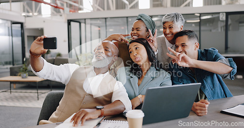 Image of Business people, selfie and funny group in office, peace sign and comic with tongue for post on web blog. African CEO man, team and excited with emoji, memory and profile picture for social network