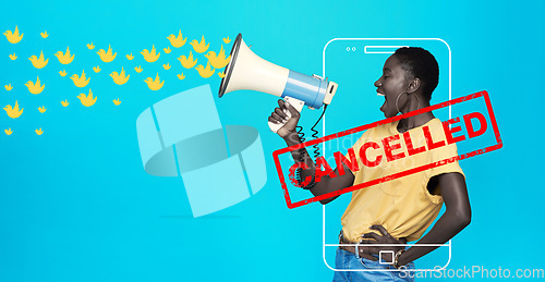 Image of Megaphone, censored or woman shouting on social media on blue background for change in studio. Cancel culture, mobile icon or frustrated girl screaming on loudspeaker for human rights or free speech
