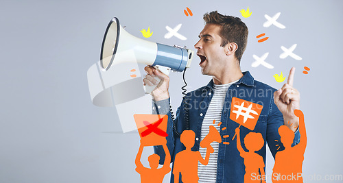 Image of Megaphone, protest or man shouting in studio on white background for freedom or change. Comic overlay, news announcement or angry person screaming with loudspeaker for human rights speech or justice
