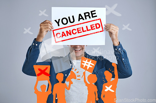 Image of Man, cancelled sign and protest, censorship and bullying in studio isolated on a white background overlay. Poster, cancel culture and happy crowd ban influencer on social media for freedom of speech