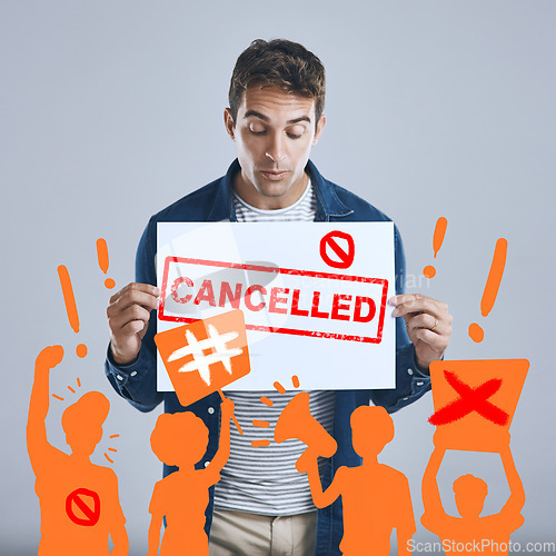 Image of Man, cancelled poster and protest, censorship and bullying in studio isolated on a white background overlay. Sign, cancel culture and angry crowd ban influencer on social media for freedom of speech