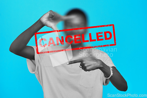 Image of Cancelled, ban and woman with censor face for boycott, silence opinion or shaming. Backlash, audience or text overlay censorship for social media critic, discrimination and abstract blue background