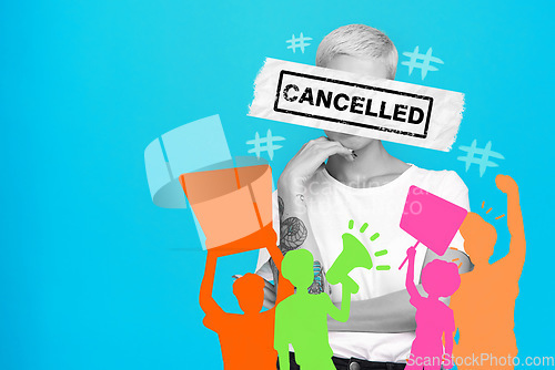 Image of Ban, cancel and woman with censor on face for boycott, silence opinion or shaming. Stop, audience or text overlay for censorship for social media critic, discrimination and abstract blue background