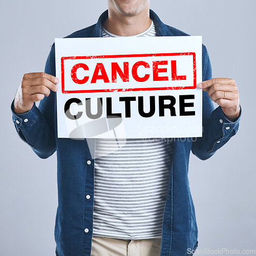 Image of Hands of man, cancel culture and sign of censorship, bullying and isolated on a white background in studio. Poster, ban and influencer on social media for freedom of speech, politics or wrong opinion