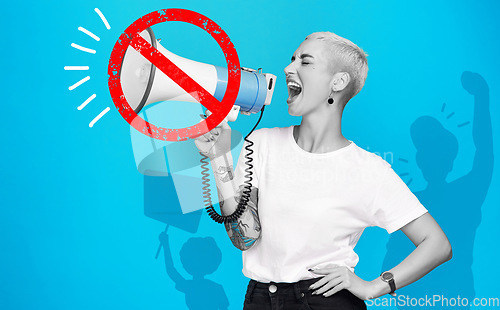 Image of Censorship, megaphone or woman in protest with announcement or voice on blue background. Silence, stop cancel culture or angry person in rally with news, speech or speaking on opinion on speaker