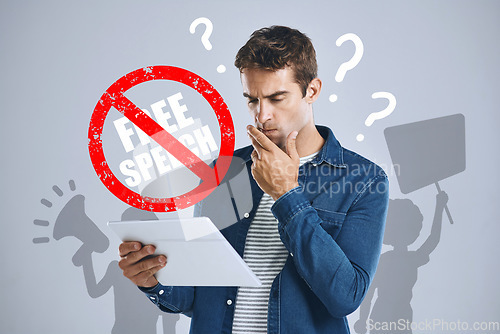 Image of Censored, policy or man with legal paperwork in protest with announcement or voice on grey background. Silence, cancel culture or person with law news, contact or reading document for compliance