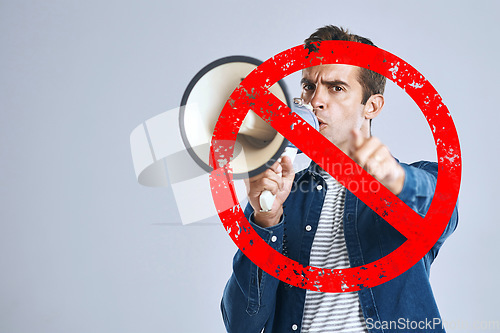 Image of Megaphone, stop or angry man shouting in studio on white background for freedom or change. Overlay, news announcement or frustrated person screaming on loudspeaker for human rights speech or justice