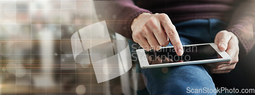 Image of Business, closeup and man with a tablet, overlay and connection with network, typing and email notification. Banner, consultant and employee with technology, search internet and website information