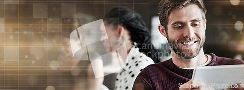 Image of Business, overlay and man with a tablet, creative mockup space and connection of website information, network and email notification. Happy person, banner or employee with technology and social media