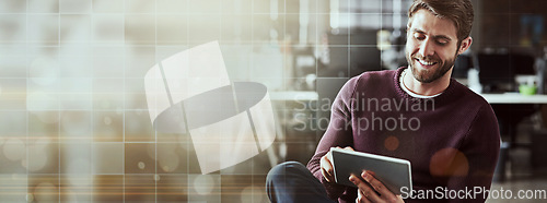 Image of Entrepreneur, smile and man with a tablet, typing and connection with overlay, website information and email notification. Person, consultant and employee with technology, social media and internet