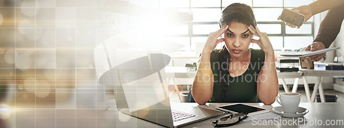 Image of Headache, burnout and banner of business woman on bokeh background mockup space on lens flare. Stress, anxiety and challenge of person, financial crisis and tired of fatigue, overworked and mistake