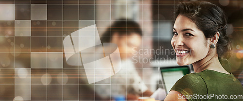 Image of Banner, smile and portrait of business woman working on creative brand project, online webdesign research or search engine. Grid overlay, mockup space and face of agent monitor social network traffic