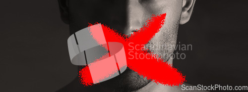 Image of Protest, man and cancel culture sign on mouth with censorship for bullying, violence and social media on black background. Silence, person and letter on lips with support for solidarity in studio