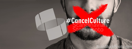 Image of Cancel culture, man and protest sign on mouth with censorship for bullying, violence and social media with mockup space. Silence, person and words on lips with support for solidarity in studio
