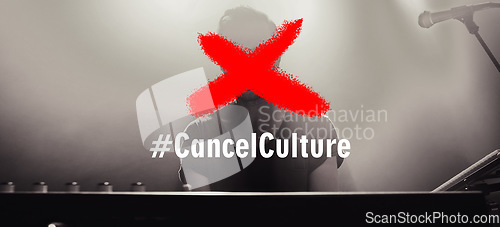 Image of Man, person or cancel culture words to voice opinion, protest or message on stage or microphone. Music performer, singer or letter text overlay for censorship in public speech for political democracy