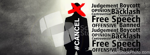 Image of Cancel culture, man or boycott with censor to silence opinion, stop protest or shaming. Abstract, silhouette or text overlay for censorship, judgement and social media backlash or mockup banner space