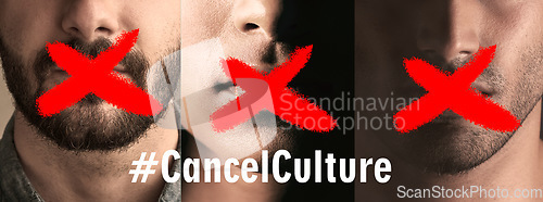 Image of Mouth, overlay and cancel culture with silence, people and group in closeup, crime and justice. Men, woman and red cross overlay on lips, shush and stop talking for protest, human rights or power