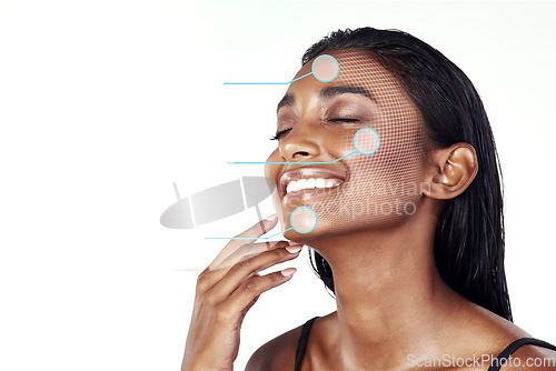 Image of Happy woman, face and skincare science with overlay on mockup space in hygiene, dermatology or cosmetics. Female person, model and scientific graphic in cosmetology, beauty makeup or facial genetics