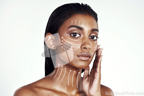 Image of Plastic surgery portrait, arrow lines and woman touch beauty filler results, facial transformation change or anti aging wellness. Aesthetic face lift, spa studio or Indian patient on white background