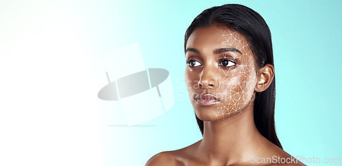 Image of Makeup, change and facial recognition with woman, beauty and skincare on a white studio background. Person, thinking and model with cosmetics, face scan and futuristic treatment for healthy skin