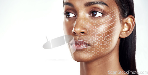 Image of Beauty, mockup and facial recognition for skincare with a woman in studio isolated on white background. Skin, hologram and space with a model scanning her face for makeup automation or innovation