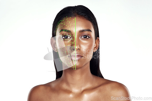 Image of Portrait, beauty and facial recognition for skincare with a woman in studio isolated on white background. Technology, hologram and skin with a model scanning her face for change or transformation