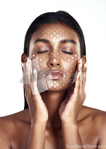 Image of Beauty, technology and facial recognition for skincare with a woman in studio isolated on white background. Skin, hologram or change with a model scanning her face for makeup automation or innovation